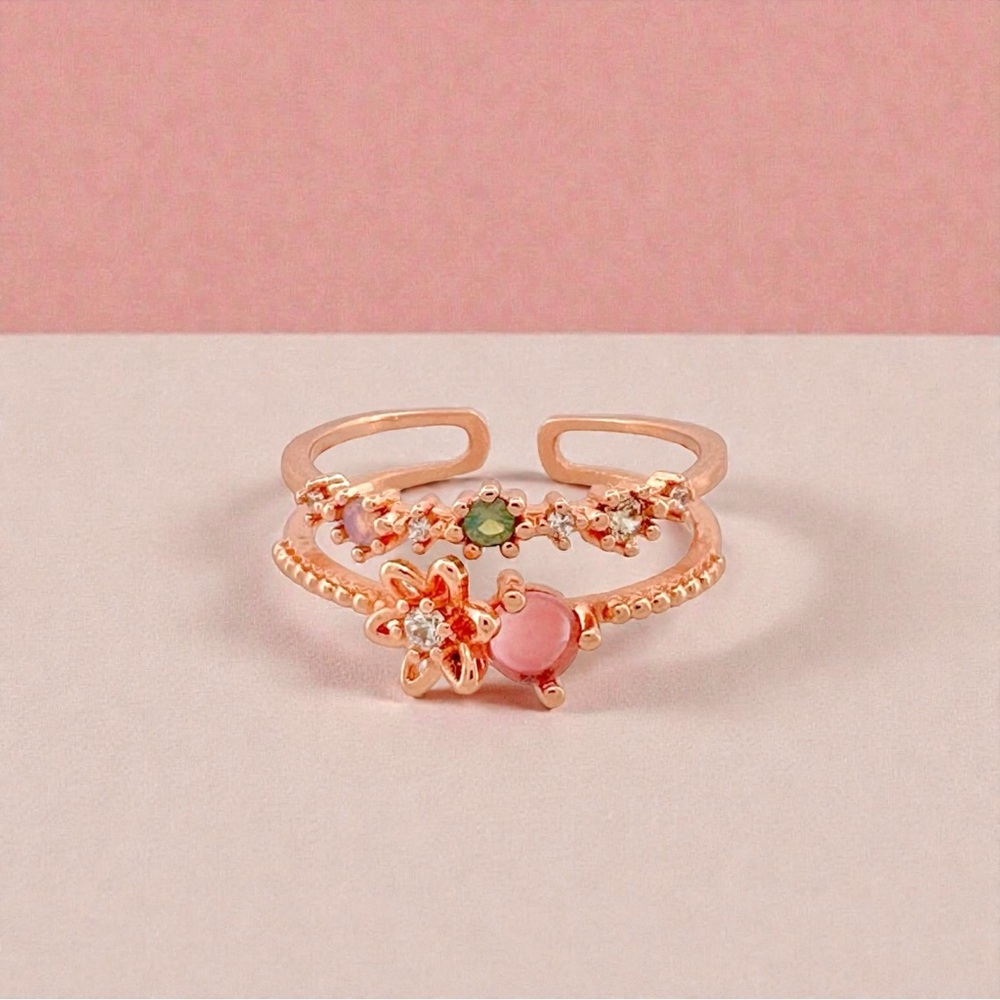 Dual Banded Flower CZ Rose Gold Adjustable Ring